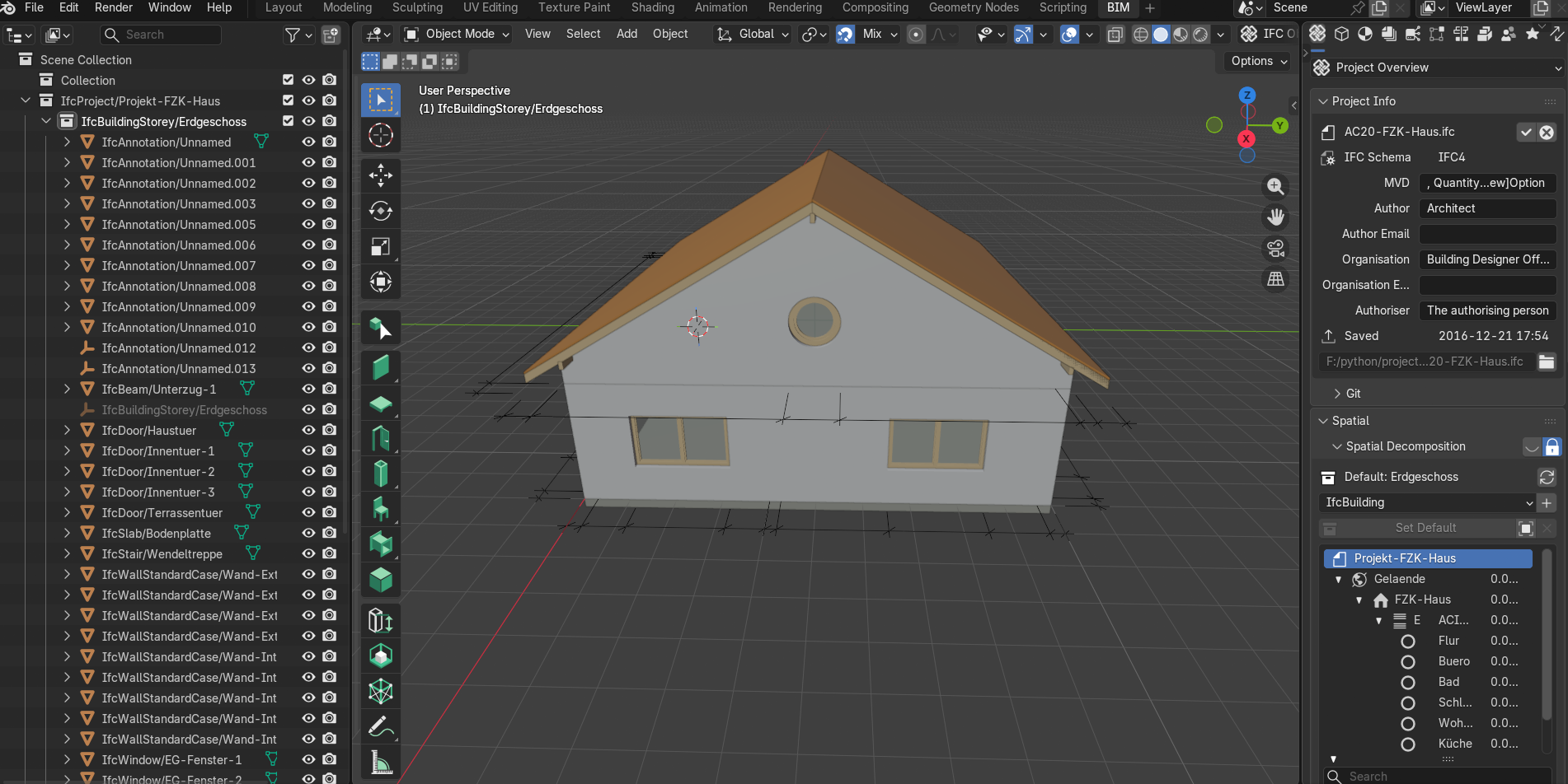 Bonsai IFC viewer showing a small house model in the 3D viewport, with the file information panel on the right listing the IFC4 schema version, model view definition, author, organisation, and a 2016 last-saved date.
