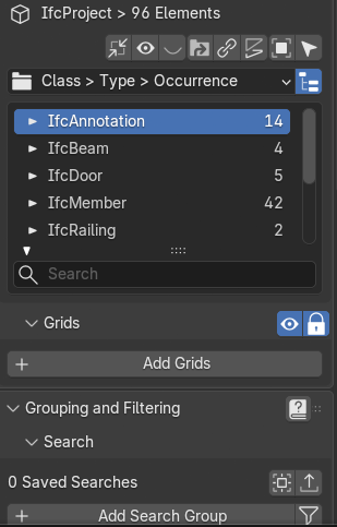 Bonsai's file inventory grouped by element type, with IfcAnnotation listed at the top with 14 instances, ahead of the beams and doors in the same model.