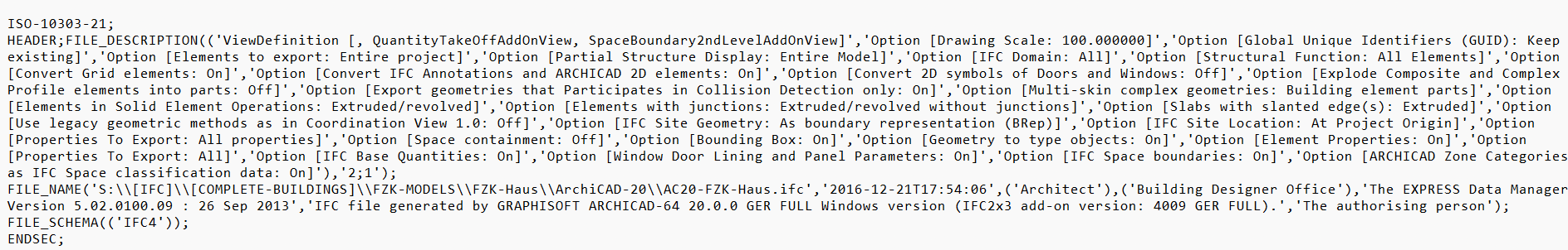 Plain text editor showing the STEP file header section: ISO-10303-21, the FILE_DESCRIPTION export options, FILE_NAME with the save timestamp 2016-12-21T17:54:06 and author details, FILE_SCHEMA declaring IFC4, and the closing ENDSEC line.