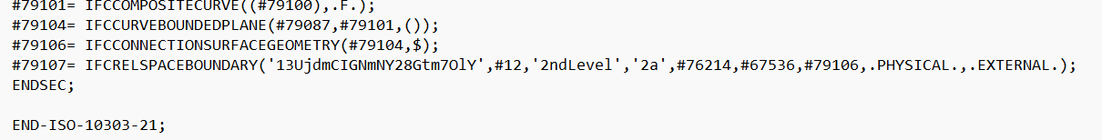 Plain text editor showing the very end of the file: the final IFCRELSPACEBOUNDARY data line, the ENDSEC closing tag, and the END-ISO-10303-21 line that terminates the file.